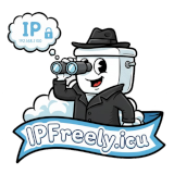 A cartoon character resembling a toilet wearing a fedora and trench coat, looking through binoculars. A thought bubble above its head contains 'IP 192.168.1.100' and a padlock icon. Below, a blue banner reads 'IPFreely.icu'.